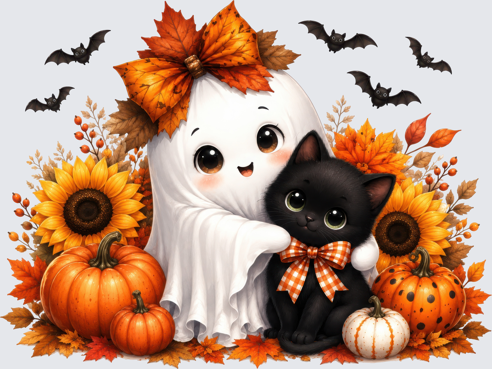 Cute Ghost with Autumn Bow Black Kitten Pumpkins Bats Fall