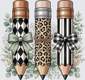Three decorative pencils with patterned bodies, rose gold and silver erasers, and ribbon bows, surrounded by eucalyptus leaves on a light gray background.