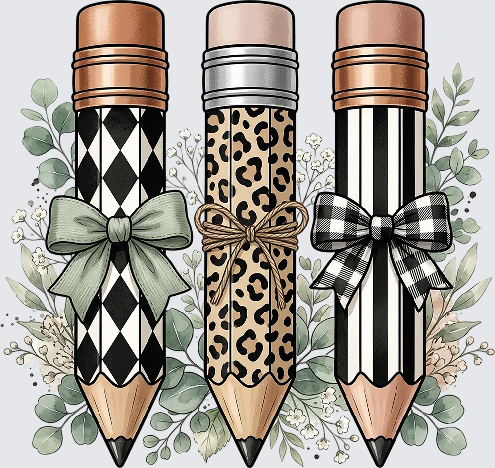 Three decorative pencils with patterned bodies, rose gold and silver erasers, and ribbon bows, surrounded by eucalyptus leaves on a light gray background.