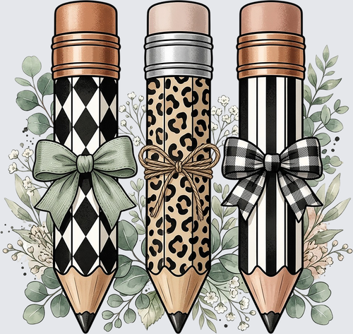 Three decorative pencils with patterned bodies, rose gold and silver erasers, and ribbon bows, surrounded by eucalyptus leaves on a light gray background.