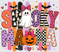 A colorful Halloween-themed graphic reading “SPOOKY MAMA” with playful patterned letters, a white ghost, a jack-o'-lantern, bats, stars, and hearts on a light gray background.