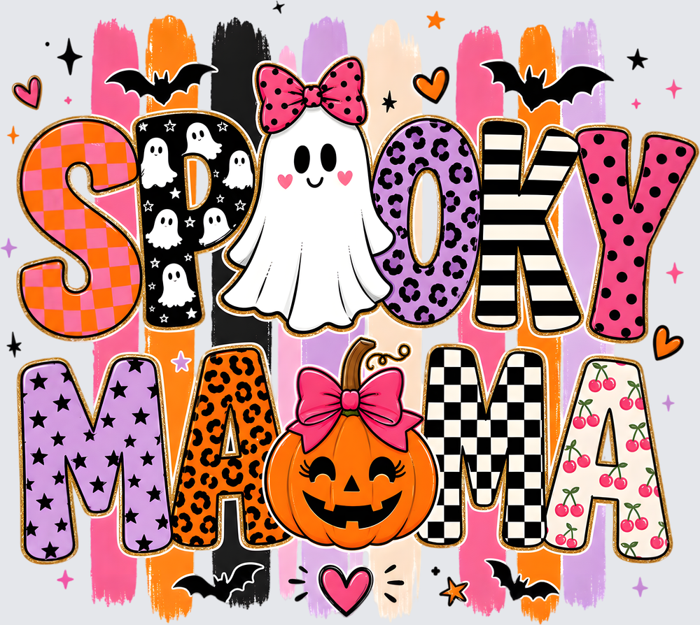 A colorful Halloween-themed graphic reading “SPOOKY MAMA” with playful patterned letters, a white ghost, a jack-o'-lantern, bats, stars, and hearts on a light gray background.