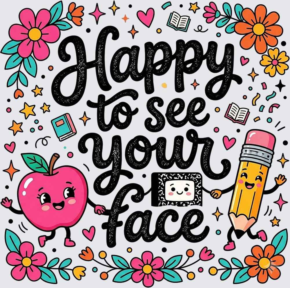 A colorful cartoon-style graphic with the phrase “Happy to see your face” in large black textured lettering. The design includes a smiling pink apple, a smiling yellow pencil, flowers, stars, books, and hearts on a light gray background.