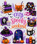 A festive Halloween-themed collage with illustrated products and decorations: a black sweatshirt with ghost and pumpkin graphics, matching shorts, a mug of whipped cream, a stack of spooky books, a TV with Ghostface, a cat in a witch hat, pumpkins, candles, cookies, and the text 'Cozy Spooky Weekend' on a light gray background.