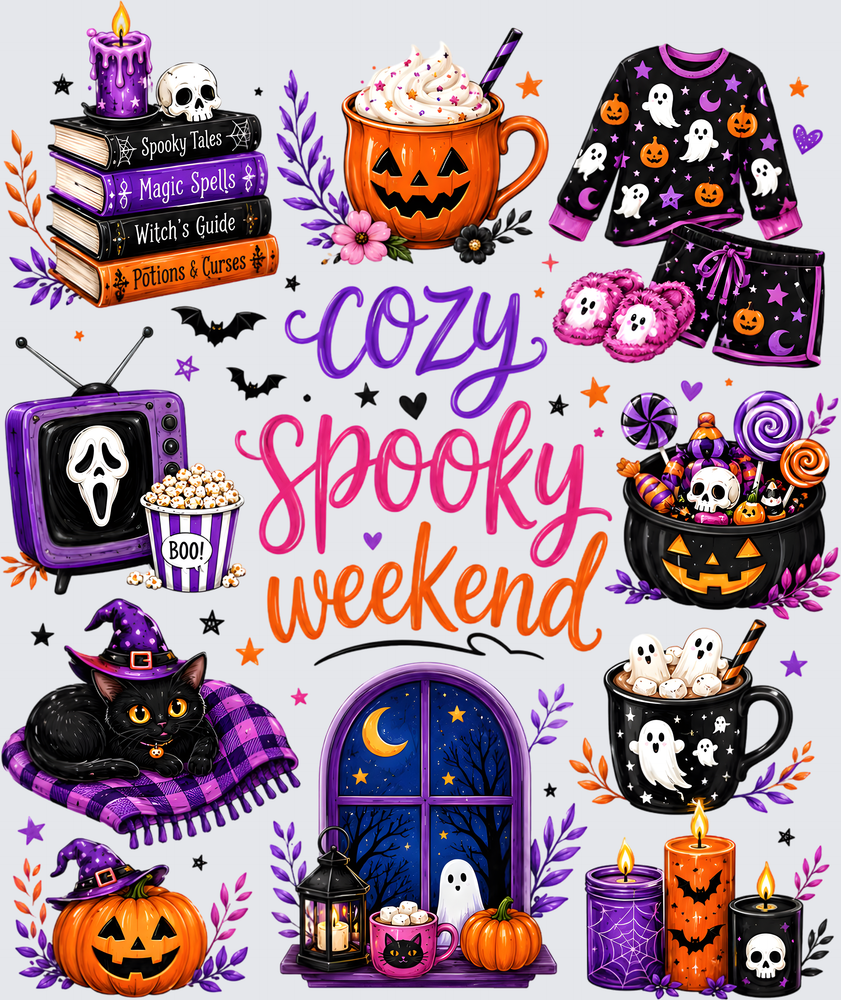 A festive Halloween-themed collage with illustrated products and decorations: a black sweatshirt with ghost and pumpkin graphics, matching shorts, a mug of whipped cream, a stack of spooky books, a TV with Ghostface, a cat in a witch hat, pumpkins, candles, cookies, and the text 'Cozy Spooky Weekend' on a light gray background.
