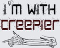 A graphic design featuring the text 'I'M WITH CREEPIER' in distressed typography, with 'I'M WITH' in black and 'CREEPIER' in dark red, above a black line drawing of a skeletal hand and forearm on a light gray background.