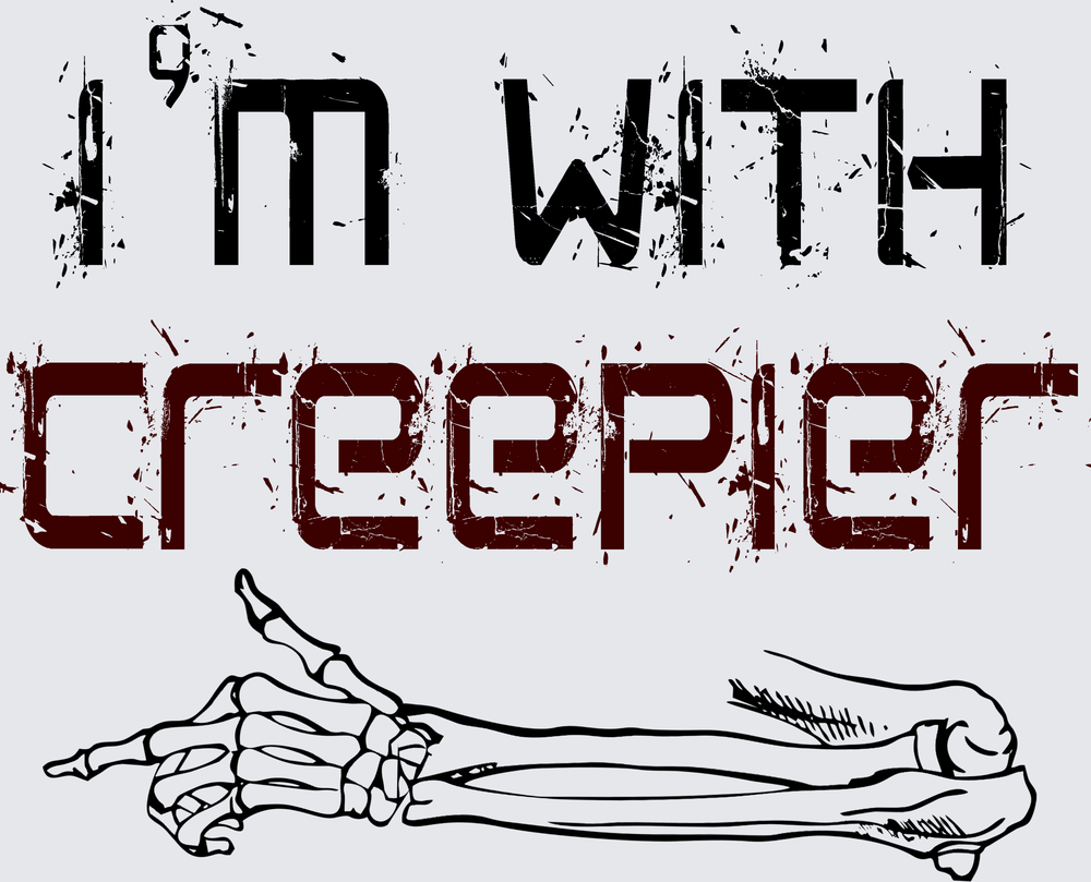 A graphic design featuring the text 'I'M WITH CREEPIER' in distressed typography, with 'I'M WITH' in black and 'CREEPIER' in dark red, above a black line drawing of a skeletal hand and forearm on a light gray background.