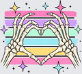 A graphic illustration of two skeletal hands forming a heart shape, set against a pastel rainbow striped background with black horizontal lines and colorful star sparkles.