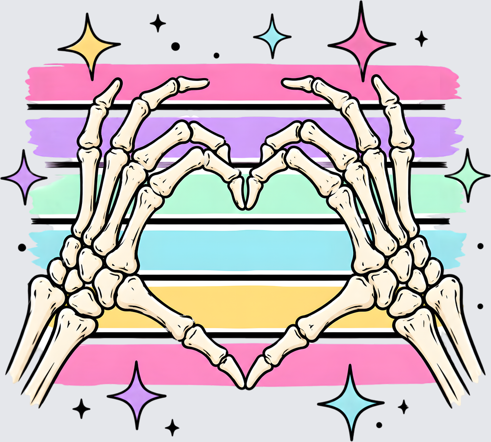 A graphic illustration of two skeletal hands forming a heart shape, set against a pastel rainbow striped background with black horizontal lines and colorful star sparkles.