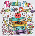 A colorful cartoon illustration with the phrase “Ready for Another Chapter” above a stack of books, an apple, a pencil, flowers, paperclips, glasses, and a school bus on a light gray background.
