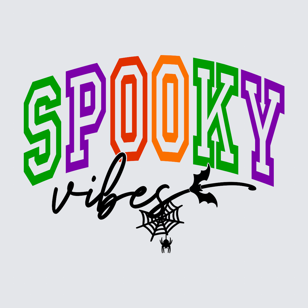 Spooky Vibes Halloween Arched Varsity Text Bat Spider Web
