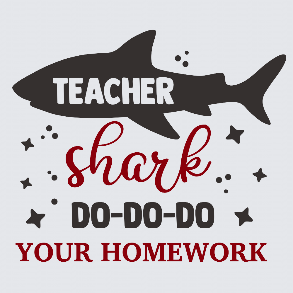 A typographic shark graphic on a light gray background. A dark charcoal shark silhouette spans the top, with the word "TEACHER" in white inside the shark.