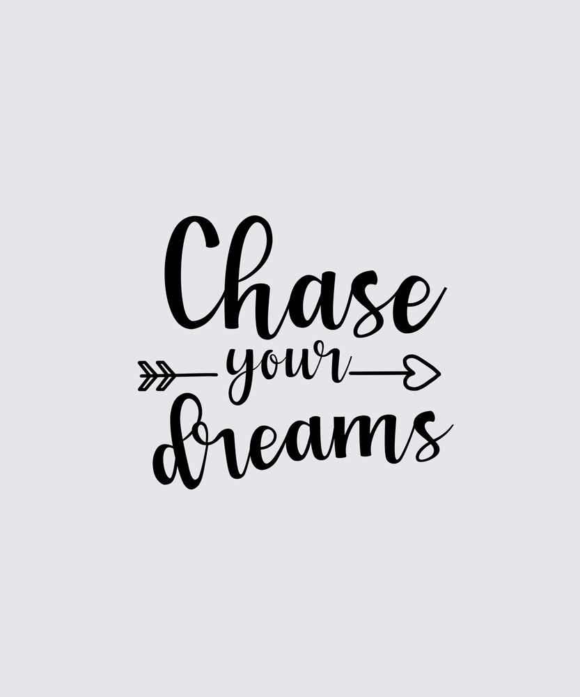 Black hand-lettered text reading 'Chase your dreams' with arrow motifs, centered on a light gray background.
