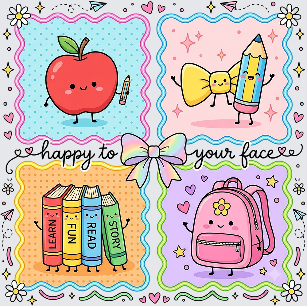 Happy To Your Face Kawaii Back To School Quad Panel Bow