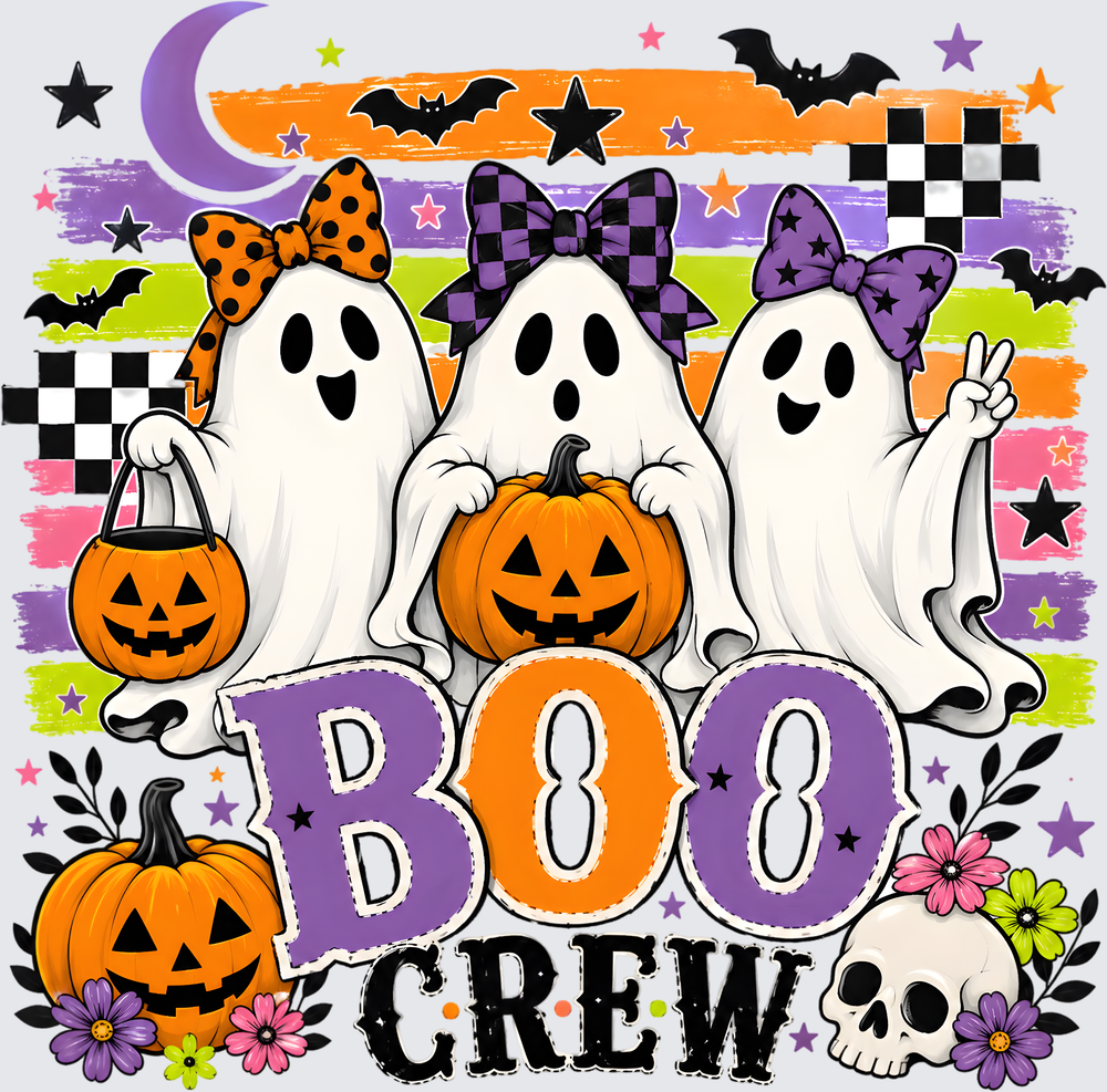 Boo Crew Three Cute Ghosts with Bows Halloween Pumpkins
