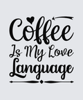 Black typographic wall art reading 'Coffee Is My Love Language' with a heart and arrow accent, shown on a light gray background.