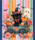 A whimsical Halloween illustration featuring a black cat in a witch hat sitting in a decorated wagon, surrounded by pumpkins, roses, bottles, candles, bats, a ghost, and a crescent moon against a pastel striped background.