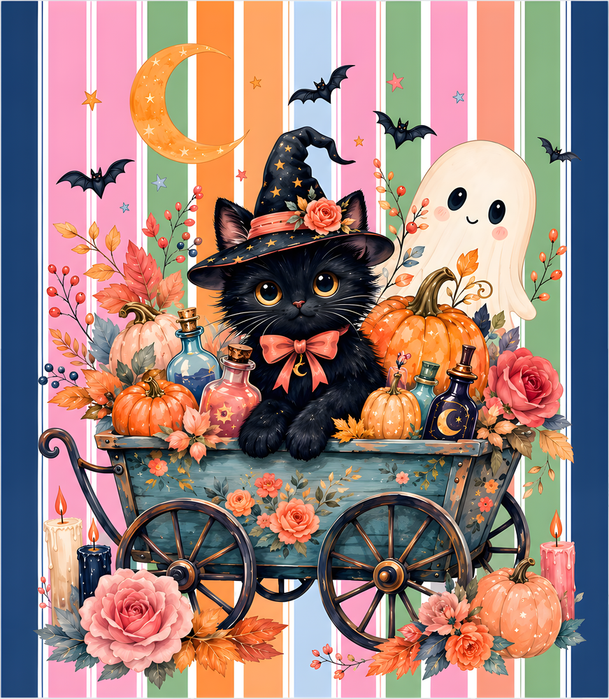 A whimsical Halloween illustration featuring a black cat in a witch hat sitting in a decorated wagon, surrounded by pumpkins, roses, bottles, candles, bats, a ghost, and a crescent moon against a pastel striped background.