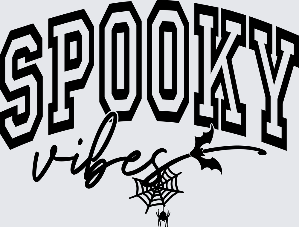 Spooky Vibes Halloween Arched Varsity Text Bat Spider Web