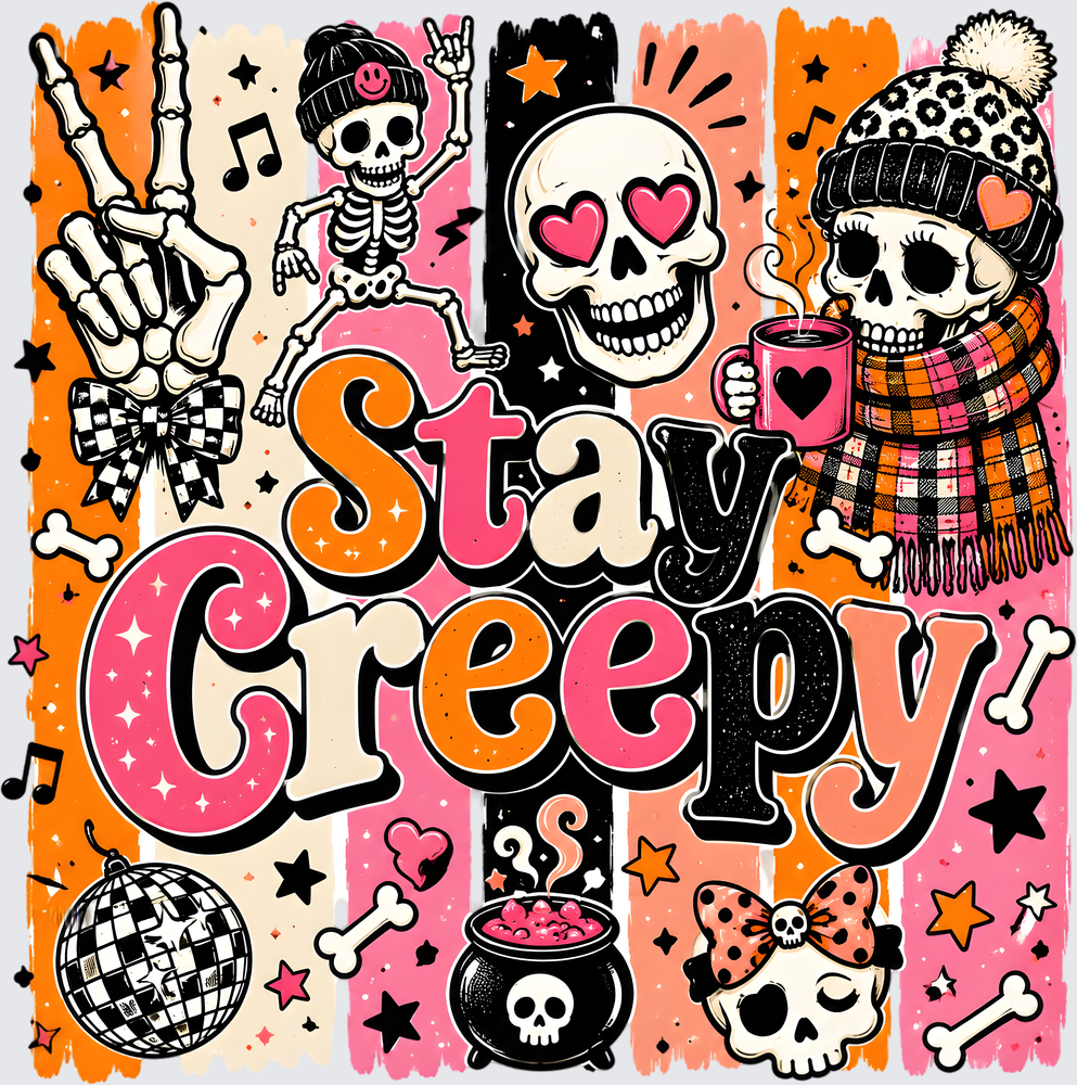 Stay Creepy Retro Skeleton Halloween Pink Orange Design
