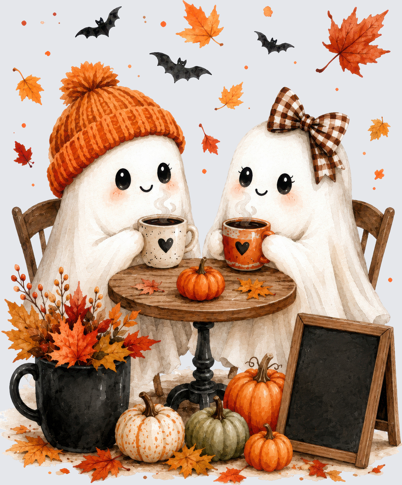 Cute Ghost Couple Fall Coffee Date Halloween Autumn